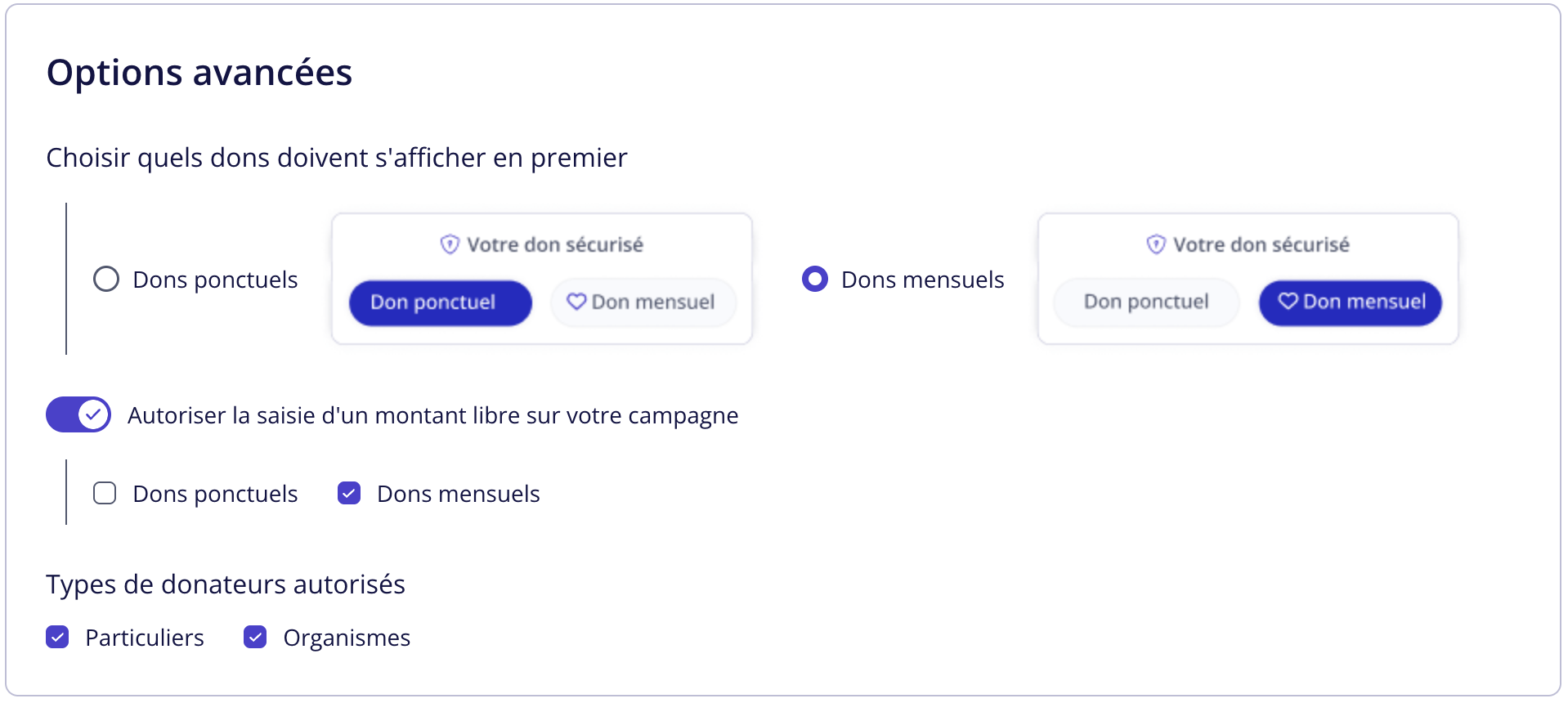 Paramètres des montants