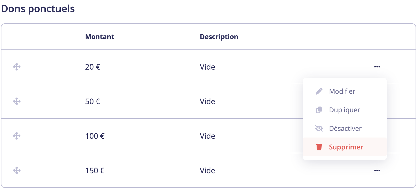 Supprimer les dons ponctuels